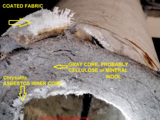 Chrysotile asbestos at white inner core of this UK Pipe Insulation (C) InspectApedia.com Steve