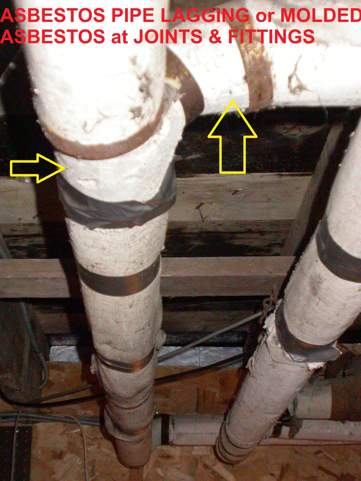 Example of asbstos pipe insulation and lagging (C) InspectApedia.com Davis