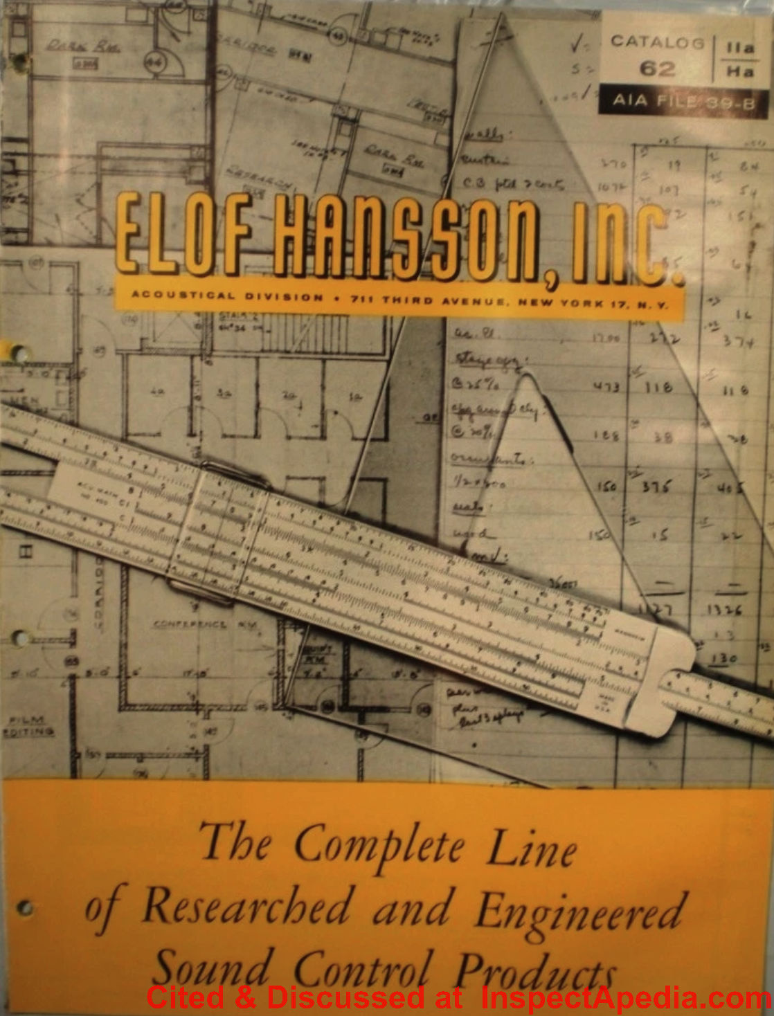 Elof Hansson Inc. 1962 product catalog includes listing of asbestos based sound control board and panel product - cited & discussed at InspectApedia.com