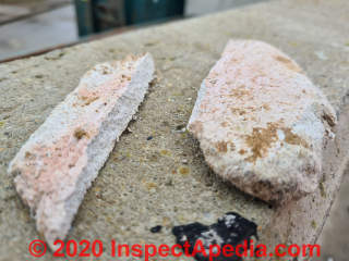 Synethetic stone, fibrous, may contain asbestos as fibrous reinforcement or as shorts and dust as filler (C) InspectApedia.com Spencer