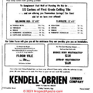 Flintikoe ceiling tile advertisement Winona Daily News, November 1964 included several Flintkote 12" ceiling tile patterns including Aquatone, Circles, Ribbon , and Pebbletex (C) InspectApedia.com 