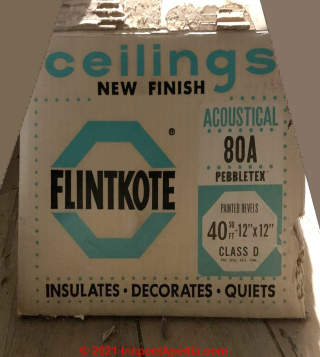 Flintkote Pebbletex acoustical ceiling tiles might contaian asbestos (C) InspectApedia.com Hedrick