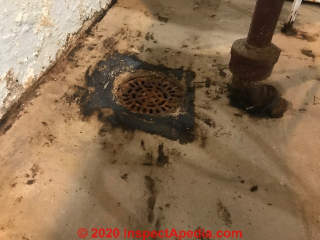 Asbestos-containing black / brown floor tile mastic remains after flooring removal (C) InspectApedia.com JK