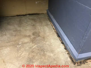 Asbestos-containing black / brown floor tile mastic remains after flooring removal (C) InspectApedia.com JK
