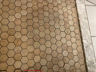 Question of asbestos in hexagonal ceramic bath tile flooring (C) InspectApedia.com Ferguson