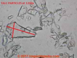 Talc particles in Johnson's Baby Powder at PM10 and smaller (C) Daniel Friedman InspectApedia.com