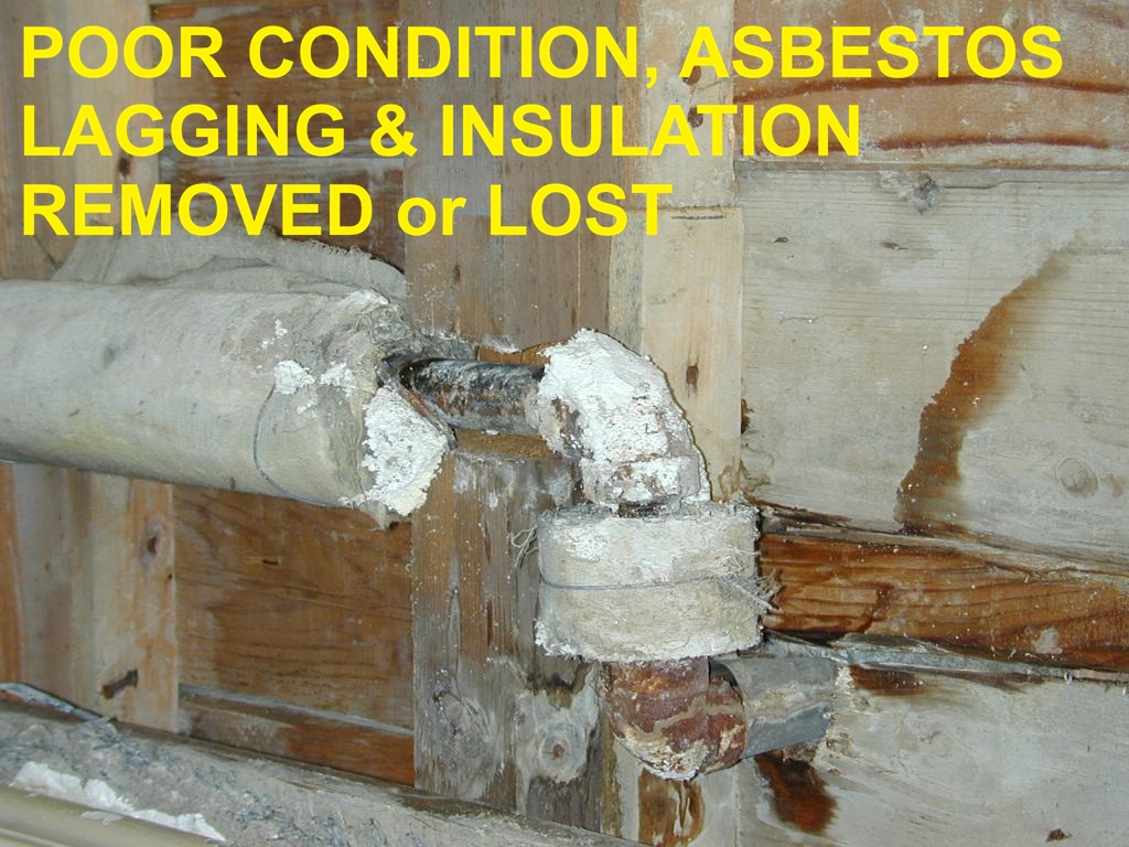 Asbestos insulation and lagging falling off of a pipe elbow (C) InspectApedia.com Le Gre