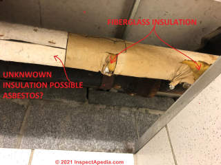 Fiberglass pipe insulation, not asbestos (C) InspectApedia.com Ed.