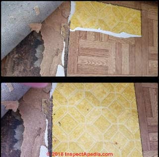 Peel and stick parquet floorin under sheet flooring may contain asbestos (C) InspectApedia.com Loretta