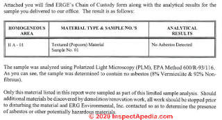 TEM Asbestos test lab report on popcorn ceiling paint (C) InspectApedia.com AB