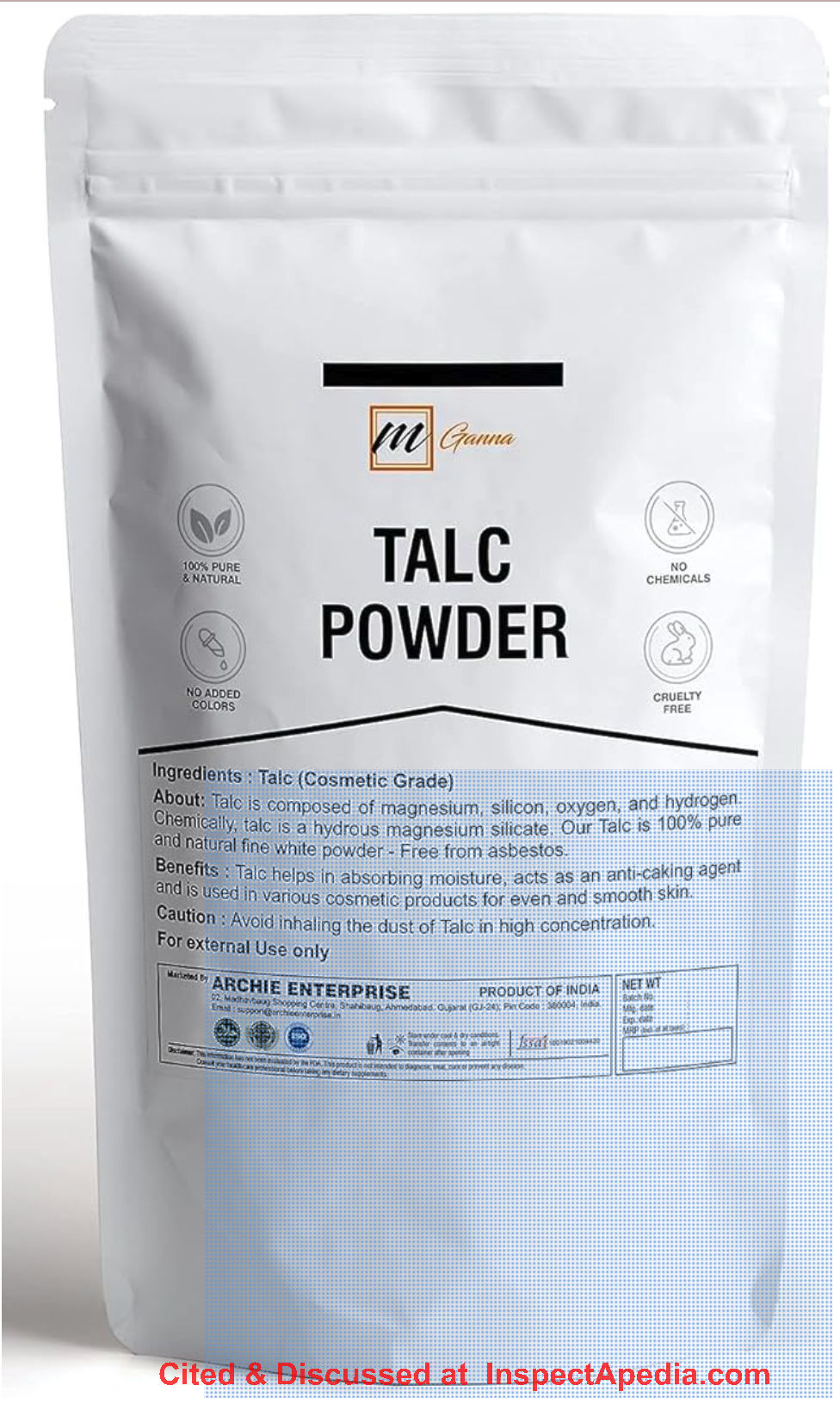 mGanna pure talc powder sold for use in makeup formlation - cited & discussed at InspectApedia.com
