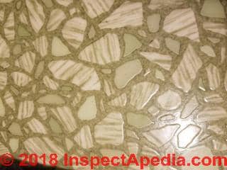 Green stone pattern sheet flooring in a 1940's home (C) InspectApedia.com Luci