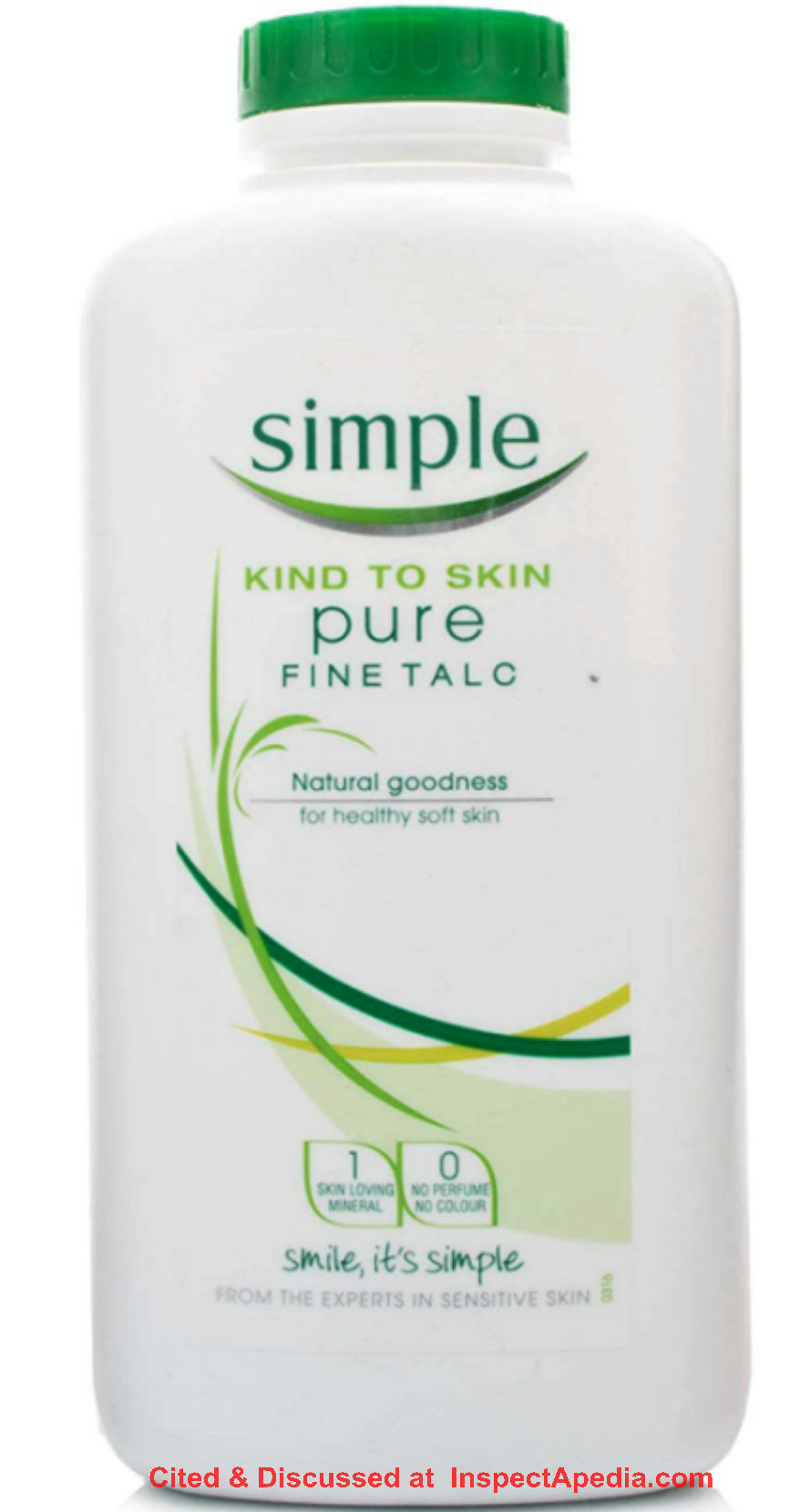 Simple Pure Fine Talc body powder, sold in the UK - cited & discussed at InspectApedia.com