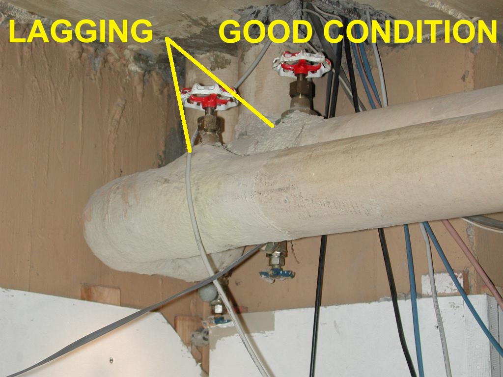 Molded asbestos-suspect insulation on heating pipes - good condition (C) InspectApedia.com Zeitman