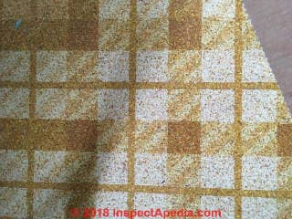 Yellow tan sheety flooring 1978 maycontain asbestos (C) InspectApedia.com Mary