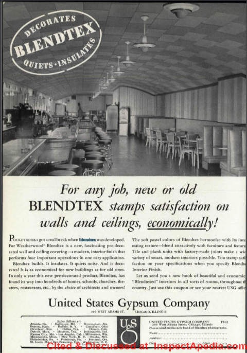 USG Blendtgex Weatherwood drywall ceiling panel ad from 1938 - cited & discussed at InspectApedia.com