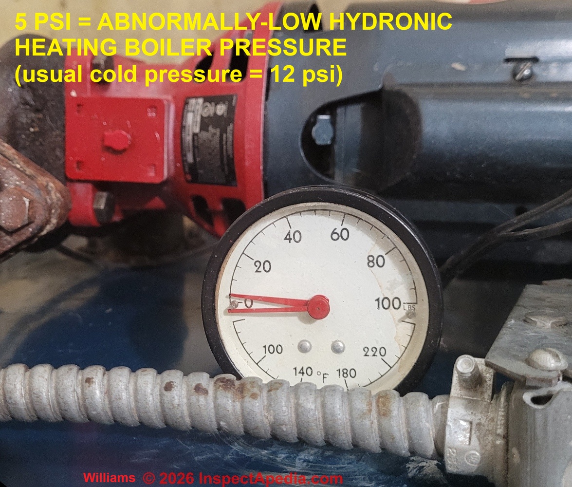 Abnormally low hot water heating boiler pressure - 5 psi - (C) InspectApedia.com Claire Williams