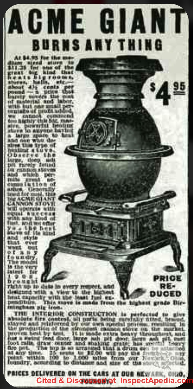 Acme Giant coal/wood stove advertisement, Newark Foundry Works, Newark Ohio - cited & discussed at InspectApedia.com