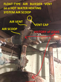Location of float vent air bleeder and history of leaks over the boiler (C) InspectApedia.com Paul