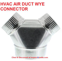 Duct Wye or Y connector used to split into two sub-zones - cited & discussed at InspectApedia.com