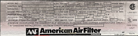 AAF American Air Filter fan coil unit data tag (C) InspectApedia.com - adapted from Dunn