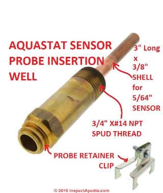 Aquastat well or sensor probe well, Honeywell (C) InspectApedia.com