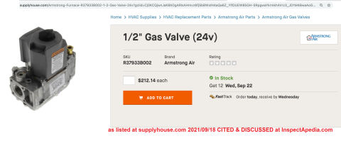 Armstrong gas furnace gas valve, 1/2-inch as sold by supplyhouse.com cited at InspectApedia.com