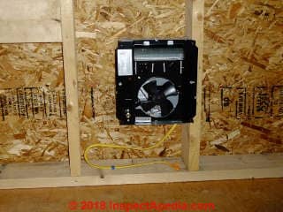Propeller fan type fan heater installed in a bathroom (C) Daniel Friedman at InspectApedia.com