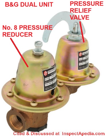 Bell & Gossett dual unit pressure-reducer/water feeder and pressure relief valve combo cited & discussed at Inspectapedia.com
