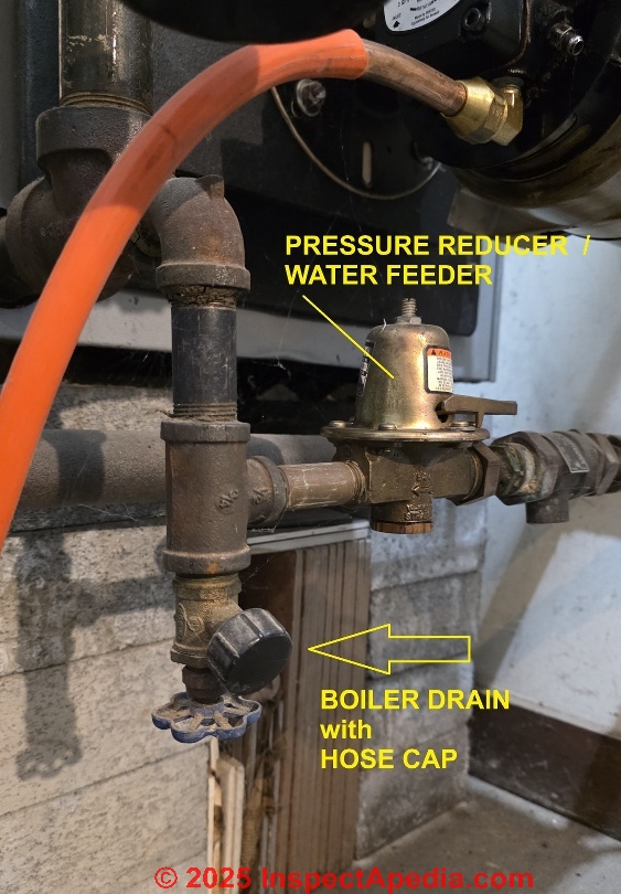 Hose cap on this boiler or water heater drain can stop drips and may also reduce a child hazard (C) Daniel Friedman at InspectApedia.com