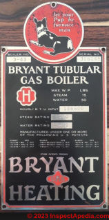 Bryant Tubular Gas Boiler data tag from Bryant Heating (C) InspectApedia.com df