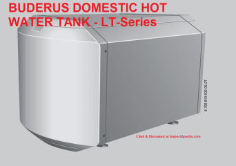 Buderus domestic hot water tank cited & discussed at InspectApedia.com