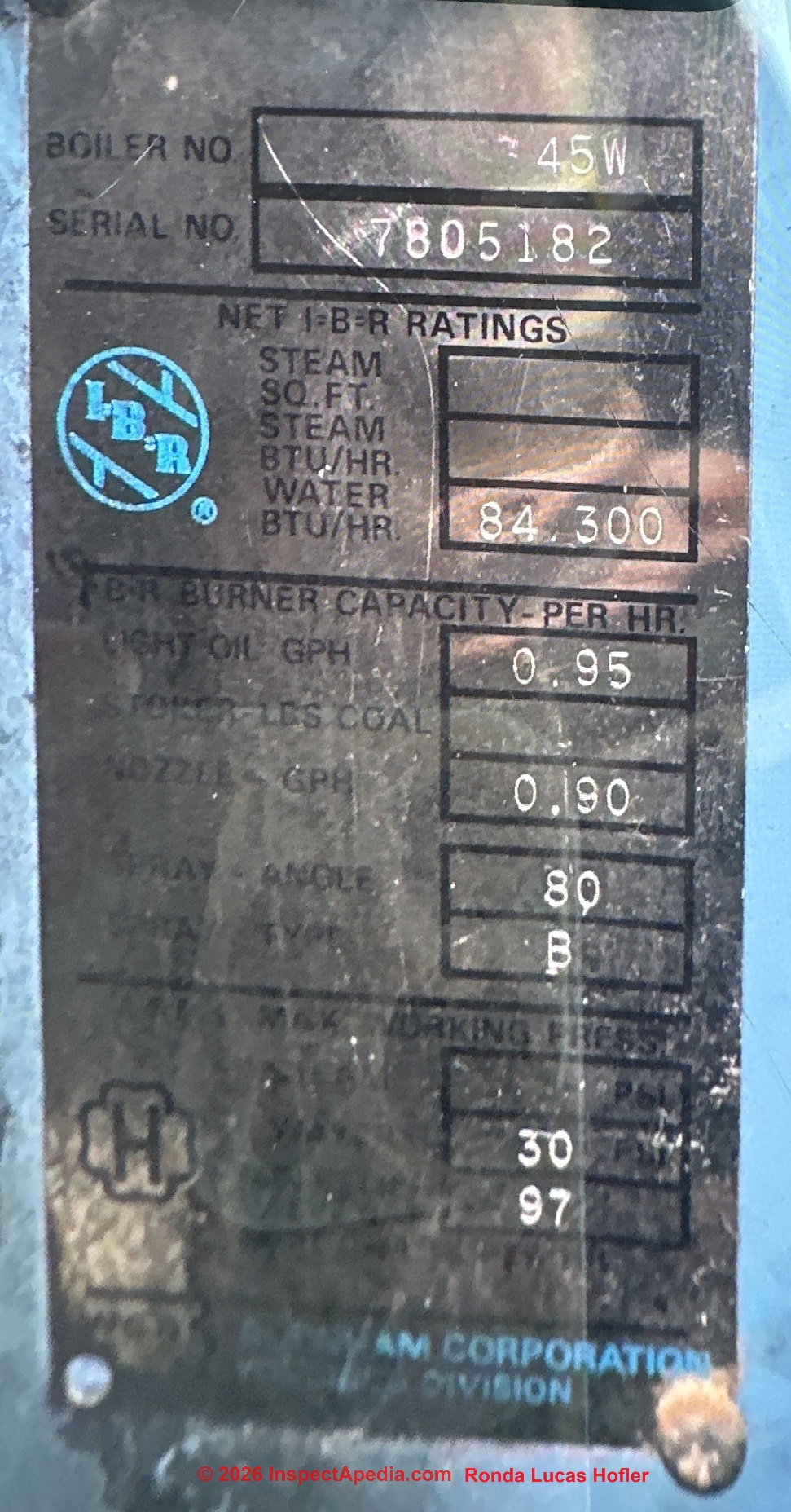 Burnham 45-W Oil Boiler Data Tag (C) Ronda Lucas Hofler at InspectApedia.com