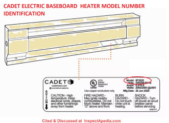Where to find the model number identification label on a Cadet electric baseboard heater - cited & discussed at InspectApedia.com