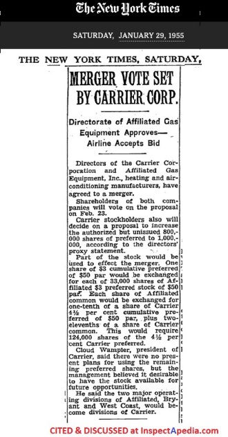 Carrier Merger with Bryant as Affiliated Gas Equipment Inc,, "Merger Vote Set by Carrier Corp., The New York Times, Saturday, January 29, 1955, cited & discussed at InspectApedia.com