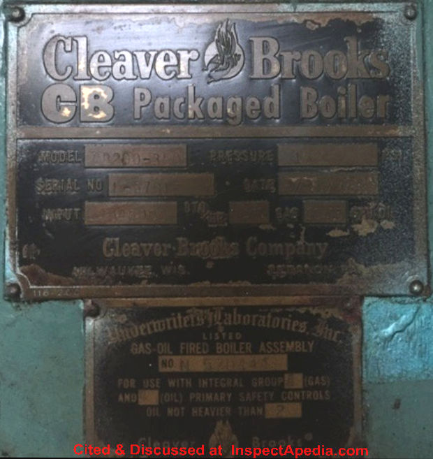 Cleaver Brooks data tag on a 1976 steam boiler - commercial - cited & discussed at InspectApedia.com