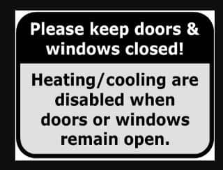 Keep windows and doors closed - sticker from  Tado Smart AC remote control smartphone app cited here at InspectApedia.com