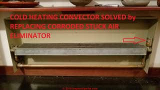 Cold heating convector reparied by replacing clogged air eliminator or air vent (C) Daniel Friedman at InspectApedia.com
