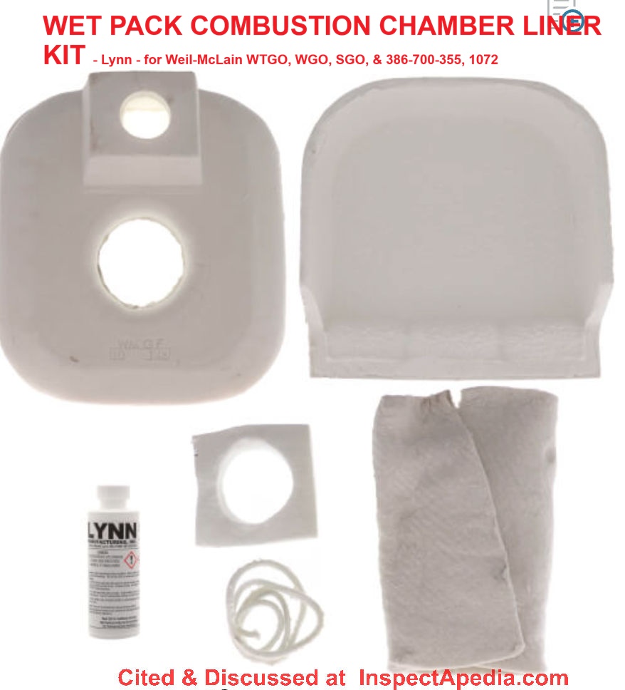 Boiler or furnace combustion chamber reliner kit for Weil-McLain heaters - by Lynn, sold at supplyhouse.com & other vendors - cited & discussed at InspectApedia.com