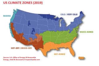 Current Climate Zone Map for the U.S. adapted from U.S. Office of Energy Efficiency & Renwable Energy cited & discussed at InspectApedia.com