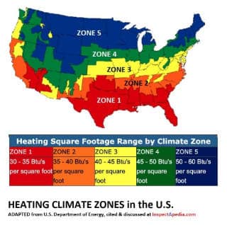 Heating zone climate map U.S. Department of Energy, adapted by InspectApedia.com