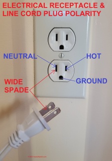 On a heater line cord plug the wide space (neutral) must go into the wall receptacle wide slot - for safety (C) Daniel Friedman at InspectApedia.com