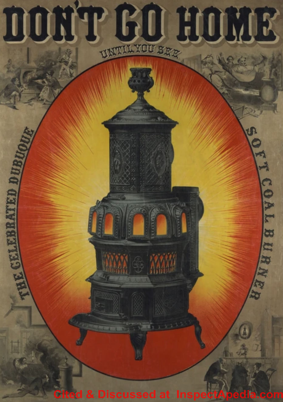 Antique Dubuaue coal stove poster for sale at redbubble.com cited & discussed at InspectApedia.com