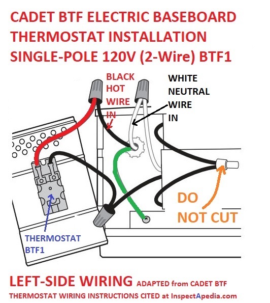 Line Voltage Thermostats for Heating & Cooling  Fahrenheit Baseboard Heater Thermostat Wiring Diagram    InspectAPedia.com