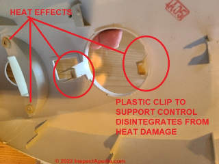 Fragile plastic heater parts that held controls apart were heat-damaged, brittle, and disintegrated easily (C) Daniel Friedman at InspectApedia.com