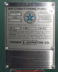 FraserJohnston Co. Air Conditioning Furnace Data Tag (C) InspectApedia.com Jomoc