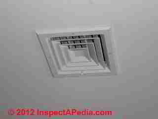 Ceiling air supply register for heating or air conditioning © D Friedman at InspectApedia.com 