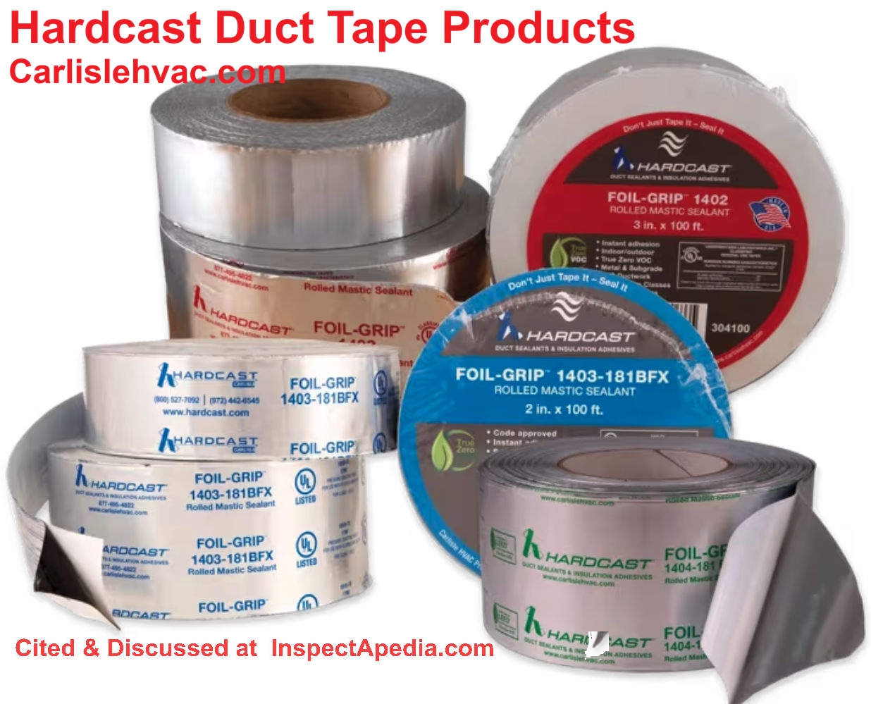 Current Carlisle HVAC Hardcast duct tape products for sealing HVAC ducts & joints (not asbestos) cited & discussed at InspectApedia.com