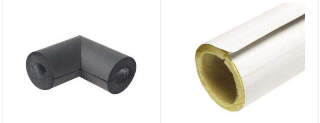 Examples of rubbrer-foam or fiberglass heating pipe insulation as sold at Home Depot stores - cited & discussed at InspectApedia.com