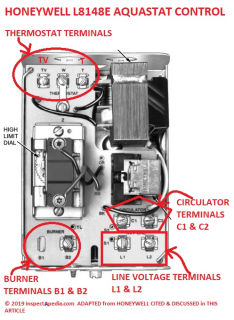 Honeywell L8148E Aquastat connections & interior (C) Adapted from Honeywell cited & discussed at InspectApedia.com